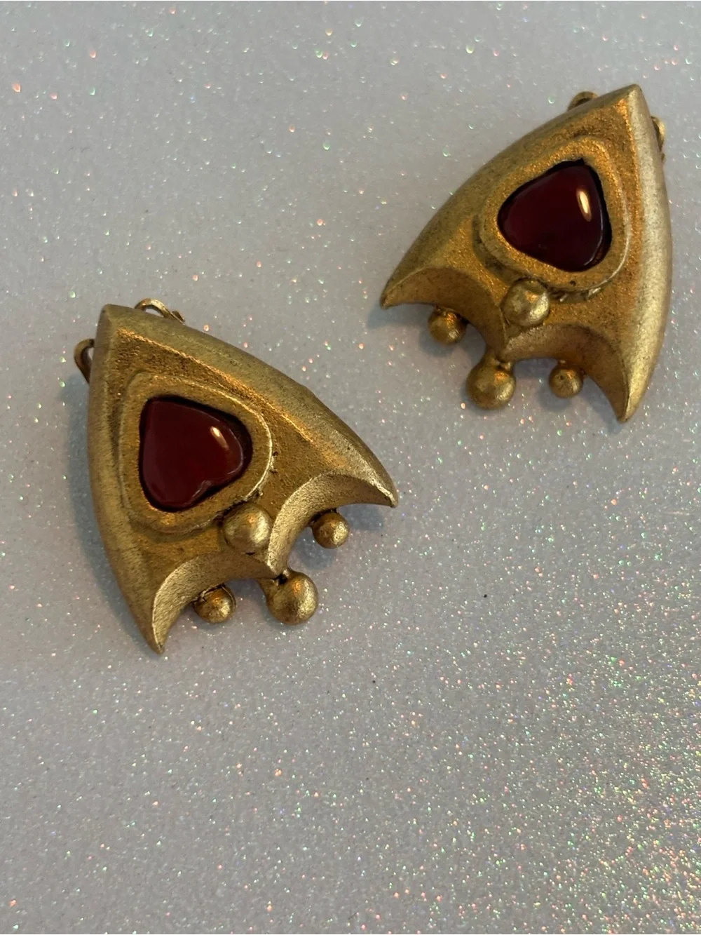 Vintage Brushed Gold and Red Clip Earrings